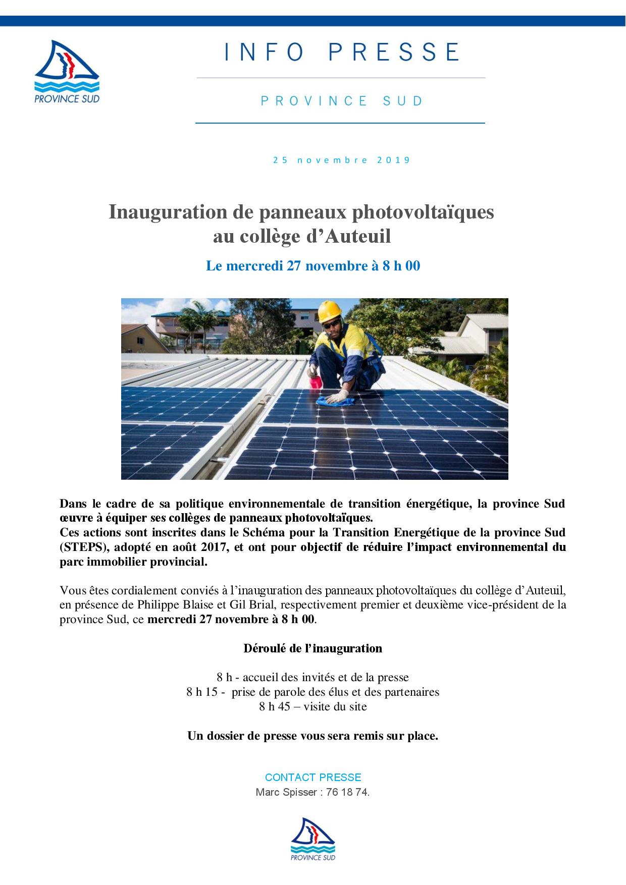 Inauguration de panneaux photovoltaïques  au collège d’Auteuil  Le mercredi 27 novembre à 8 h 00