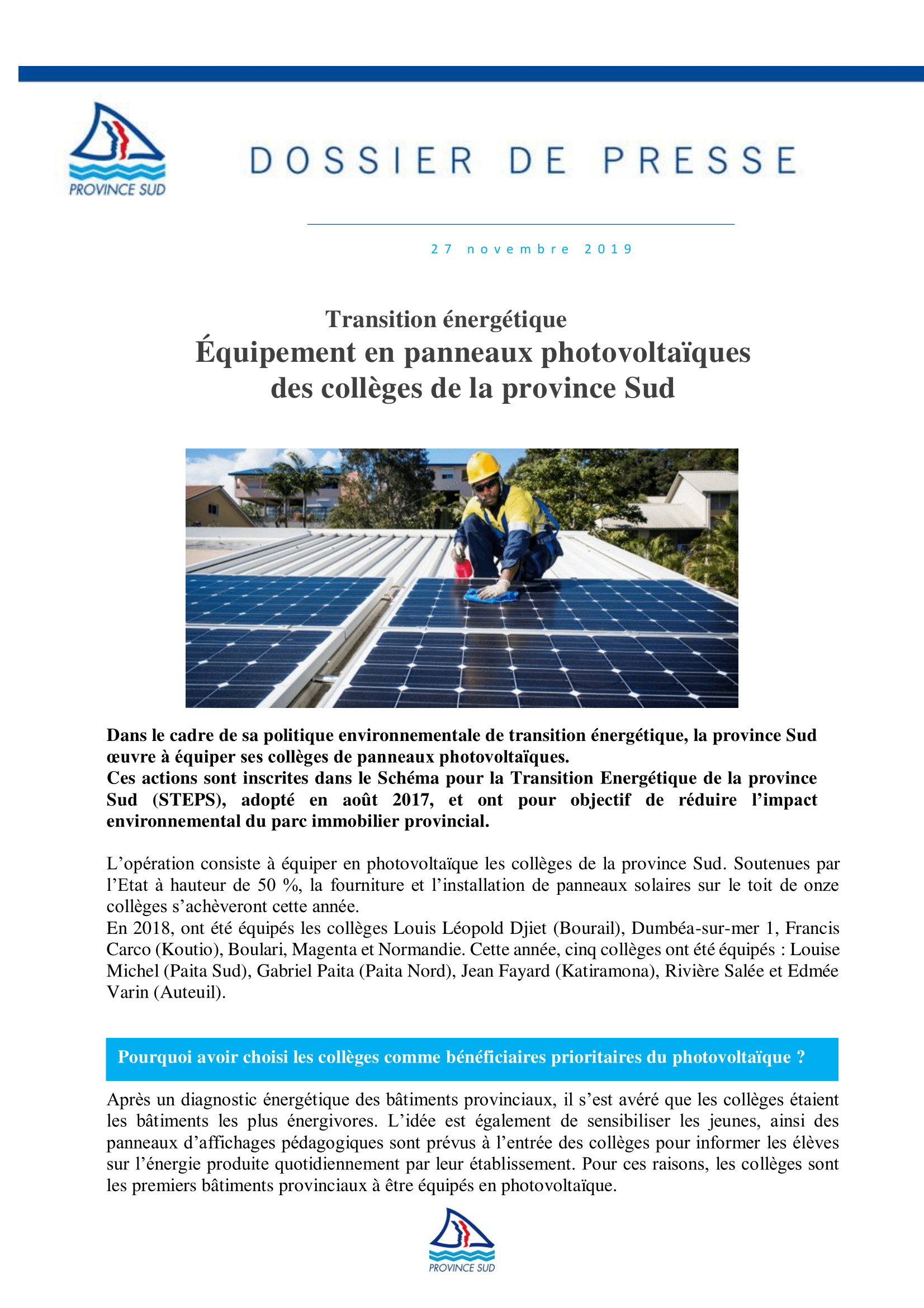  Transition énergétique Équipement en panneaux photovoltaïques  des collèges de la province Sud