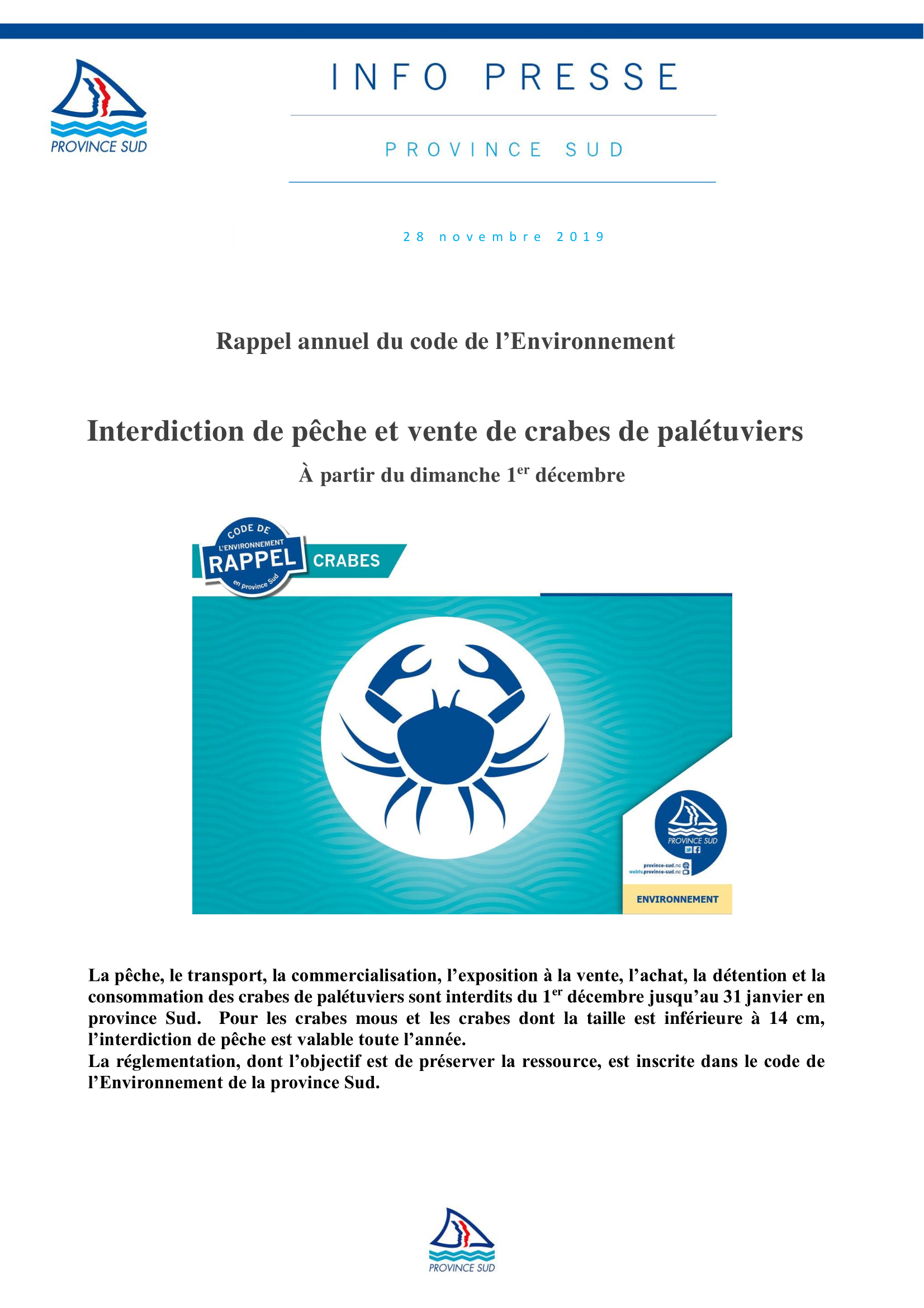Rappel annuel du code de l’Environnement   Interdiction de pêche et vente de crabes de palétuviers