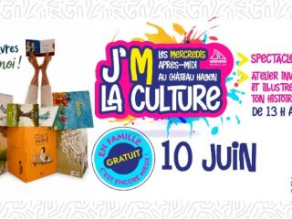 Colorful J'M LA CULTURE event poster with stacked books on the left, bright central logo, and June 10 date; mentions workshops and free family activities.
