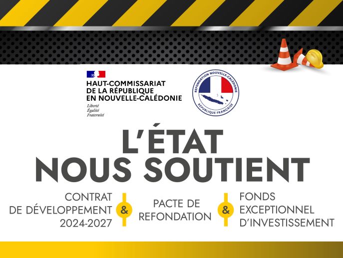 Banner graphic: French government support message with logos, safety cones and hard hat on white background, saying "L'ÉTAT NOUS SOUTIENT".