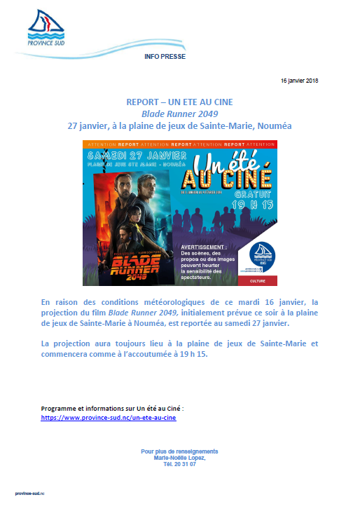 REPORT – UN ETE AU CINE Blade Runner 2049 27 janvier, à la plaine de jeux de Sainte-Marie, Nouméa