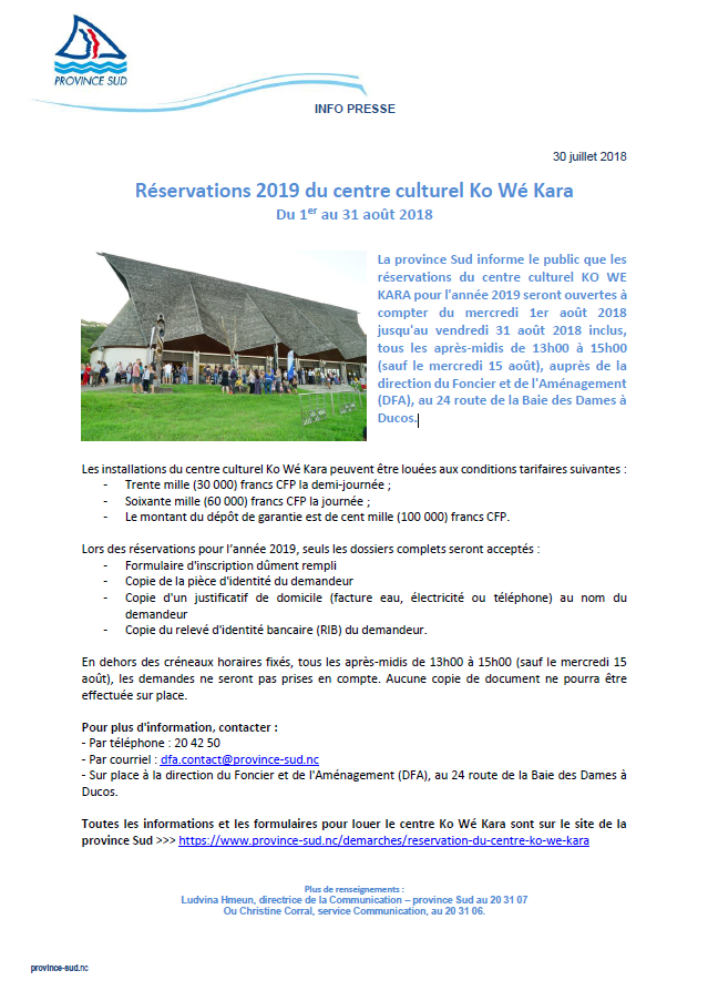 Réservations 2019 du centre culturel Ko Wé Kara