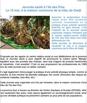 Journée santé à l’Ile des Pins Le 10 mai, à la maison commune de la tribu de Gadji