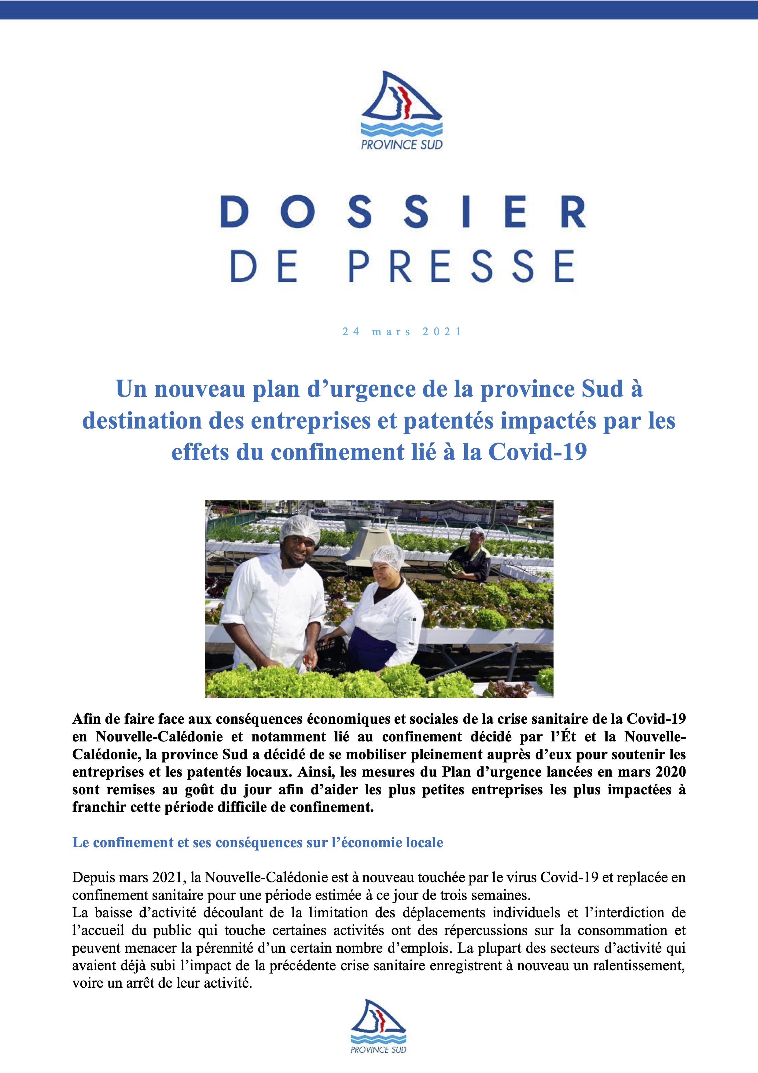 24/03/2021 - Dossier de presse : Un nouveau plan d’urgence de la province Sud à destination des entreprises et patentés impactés par les effets du confinement lié à la Covid-19