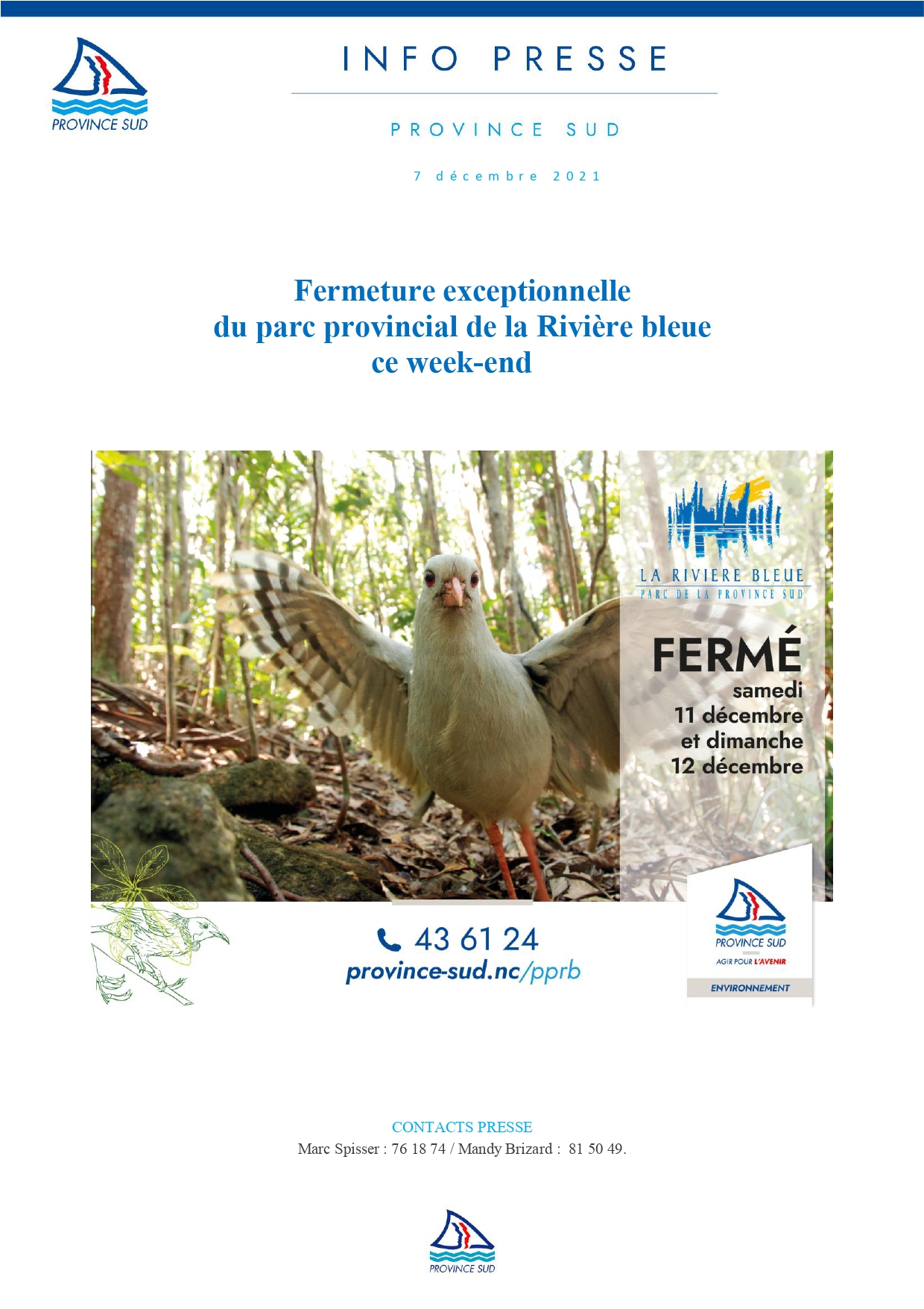 07/12/2021 Fermeture exceptionnelle du parc provincial de la Rivière