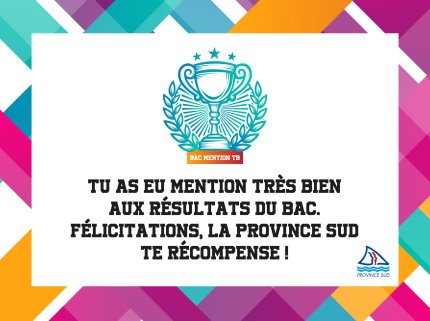 Tu as eu mention très bien aux résultats du bac. Félicitations, la province Sud te récompense