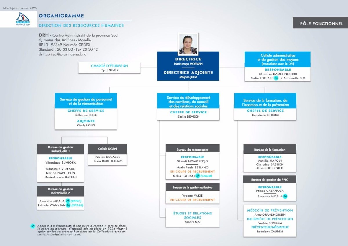 ORGANIGRAMME
DIRECT ION DES RESSOURCES HUMAINES
DRH - Centre Administratif de la province Sud
6, routes des Artifices - Moselle
BP L1 - 98849 Nouméa CEDEX
Standard : 20 33 00 - Fax 20 30 12
drh.contact@province-sud.nc