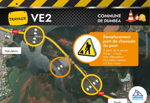 Commune de Dumbéa, Remplacement joint de chaussée du pont A partir du 8 janvier Durée : 1 mois hors intempéries Circulation réduite à 2 fois 1 voie