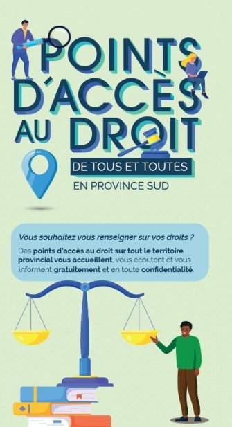 Points d'accès au droit de tous et toutes en province Sud. Vous souhaitez vous renseigner sur vos droits ? Des points d'accès au droit sur tout le territoire provincial vous accueillenbt, vous écoutes et vous informent gratuitement et en toute confidentialité
