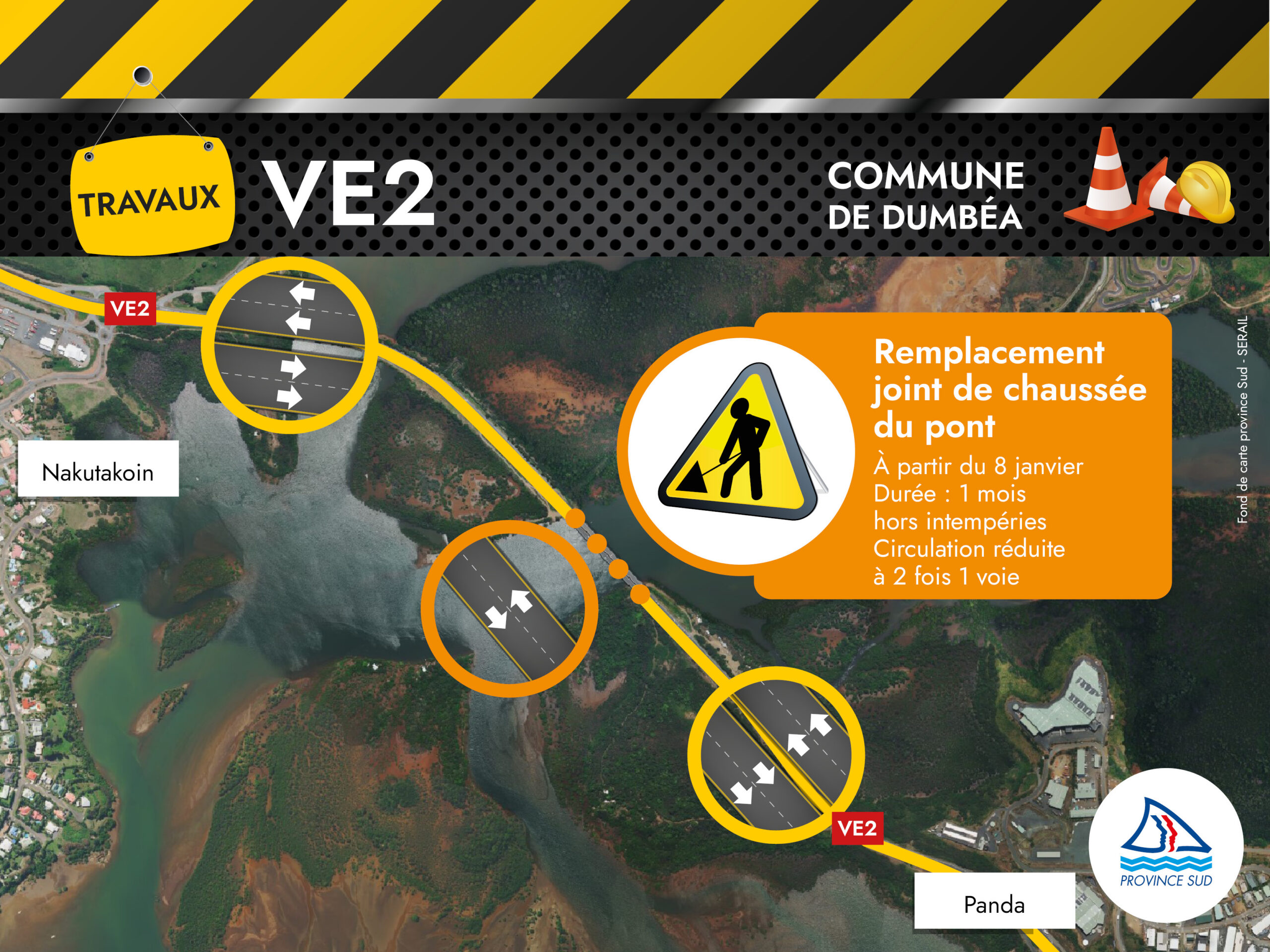 Commune de Dumbéa, Remplacement joint de chaussée du pont A partir du 8 janvier Durée : 1 mois hors intempéries Circulation réduite à 2 fois 1 voie