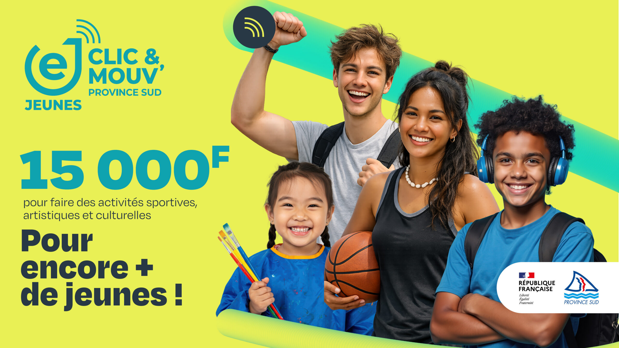 Groupe de jeunes souriants avec équipements sportifs sur fond jaune, promotion de 15 000F pour activités sportives et culturelles.
