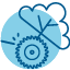 Blue gear icon with leaves on both sides representing green technology and sustainability