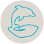 Two light blue hands forming a heart shape inside a gray circular background