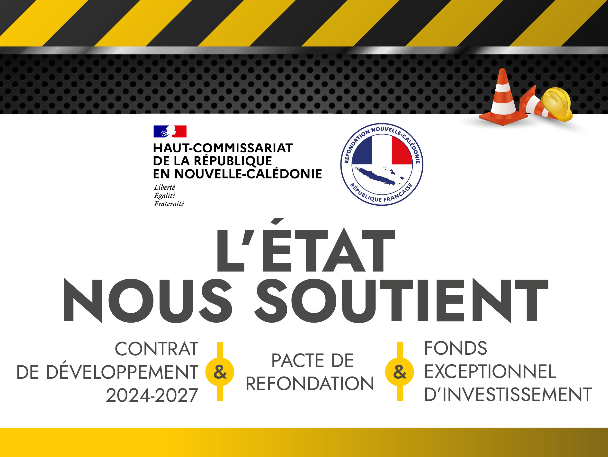 Banner graphic: French government support message with logos, safety cones and hard hat on white background, saying "L'ÉTAT NOUS SOUTIENT".
