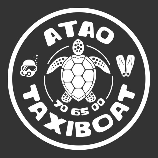 Circular logo with a stylized turtle in the center, a diver on the left, flippers on the right, and the words 'ATO TAXIBOT' arched around the edge.