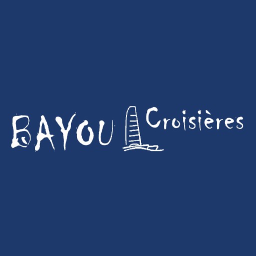 Bayou Croisières logo: white hand-drawn text with a small boat sketch on a dark blue background