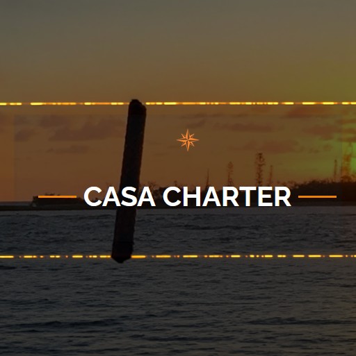 Casa Charter logo over a sunset marina background with a small star glyph centered above the text.