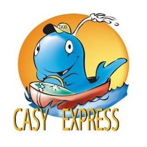 Logo for CASY EXPRESS: a blue cartoon sea creature in a small boat with a taxi hat, against an orange sun background.