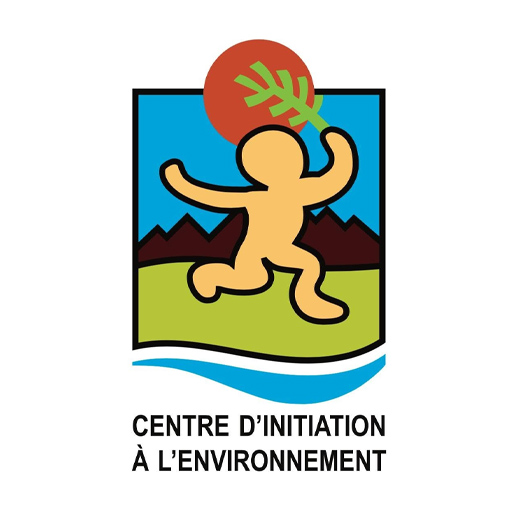 Logo for Centre d'Initiation à l'Environnement featuring an orange human figure with raised arms, mountains, blue sky, green field, a red sun with a green leaf, and a blue wave, with the organization name below.