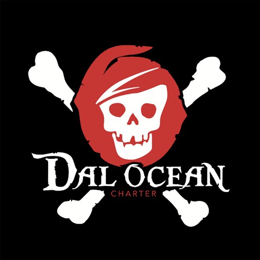 Logo for Dal Ocean Charter with a white skull over a red circle and crossed bones on a black background, evoking a pirate theme.