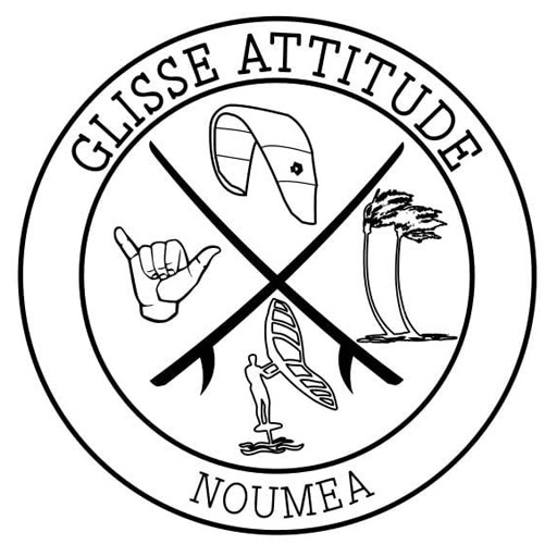Circular logo for Glisse Attitude Nouméa featuring a crossed kite, wakeboard, palm tree, and shaka hand gesture.