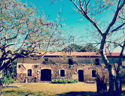 Stone building with arched doorways and a red-tiled roof, surrounded by trees on a sunny day in a grassy yard.