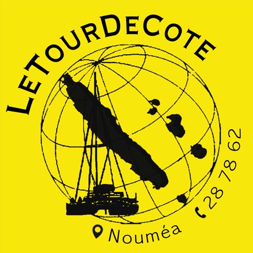 Logo for Letourdécôte event: yellow background with a black globe lines motif, a coastline silhouette and a boat at the bottom, and the words 'Letourdécôte' above with 'Nouméa' and coordinates along the edge.