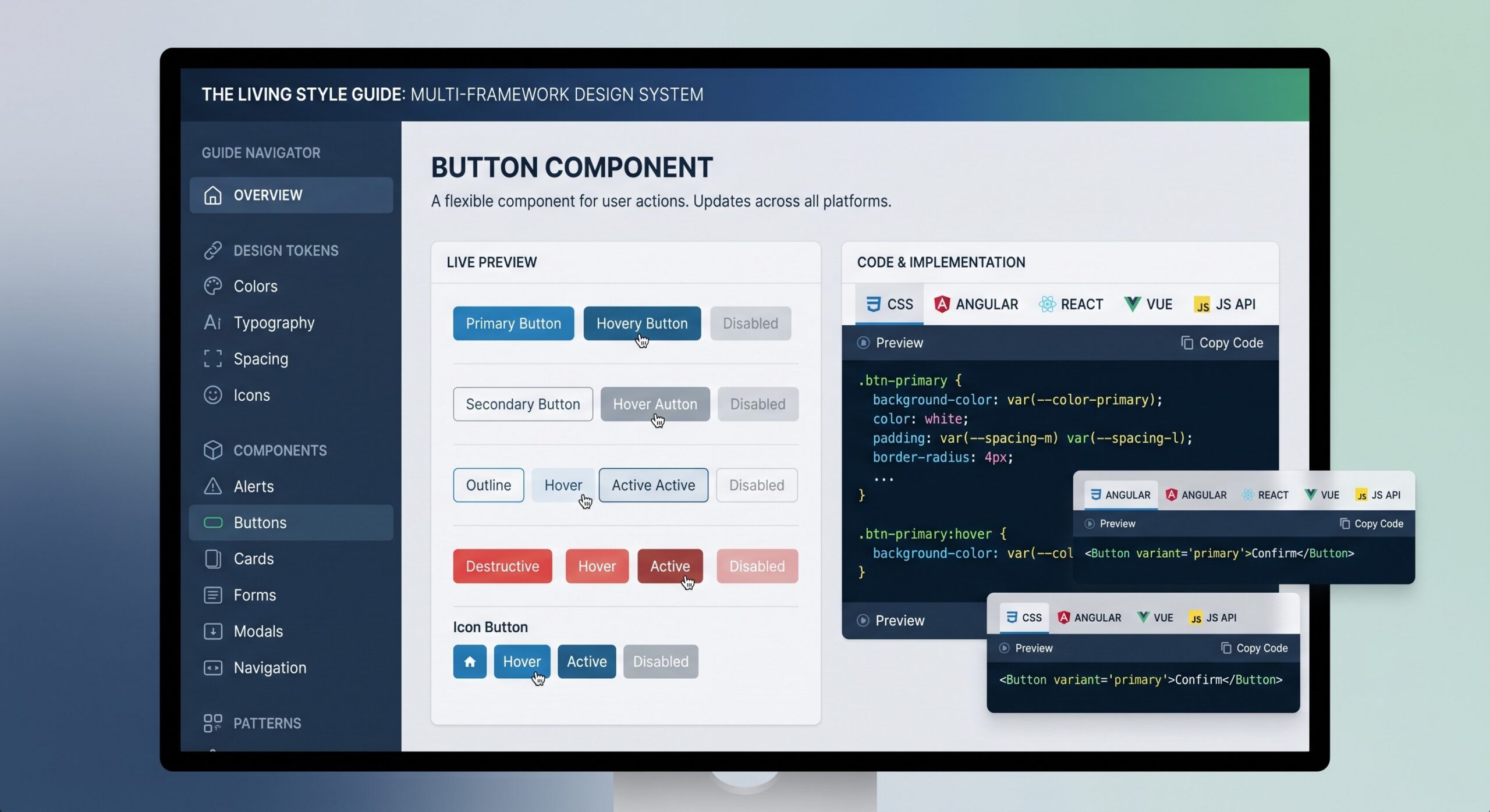 UI design system dashboard showing button component examples and code snippets on a monitor.