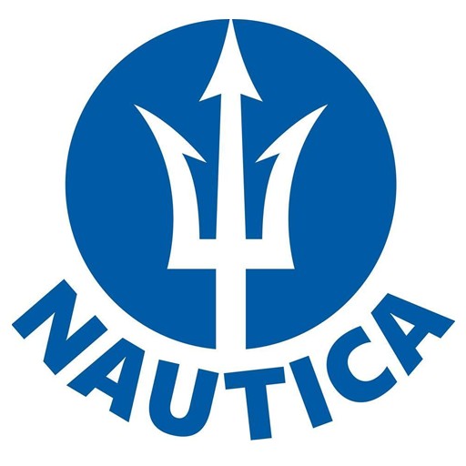 Nautica brand logo: blue circle with a white trident, 'NAUTICA' curved beneath.