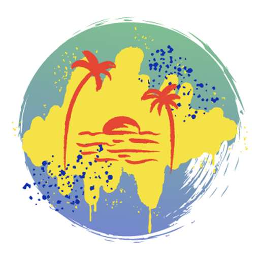Circular tropical logo featuring a sunset between two red palm trees against a multicolored splash background.