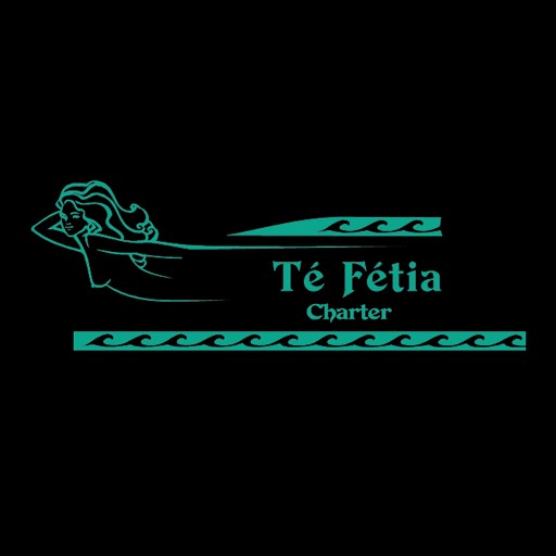 Té Fétia Charter logo: turquoise line art of a person lounging on a boat with waves and the company name against a black background