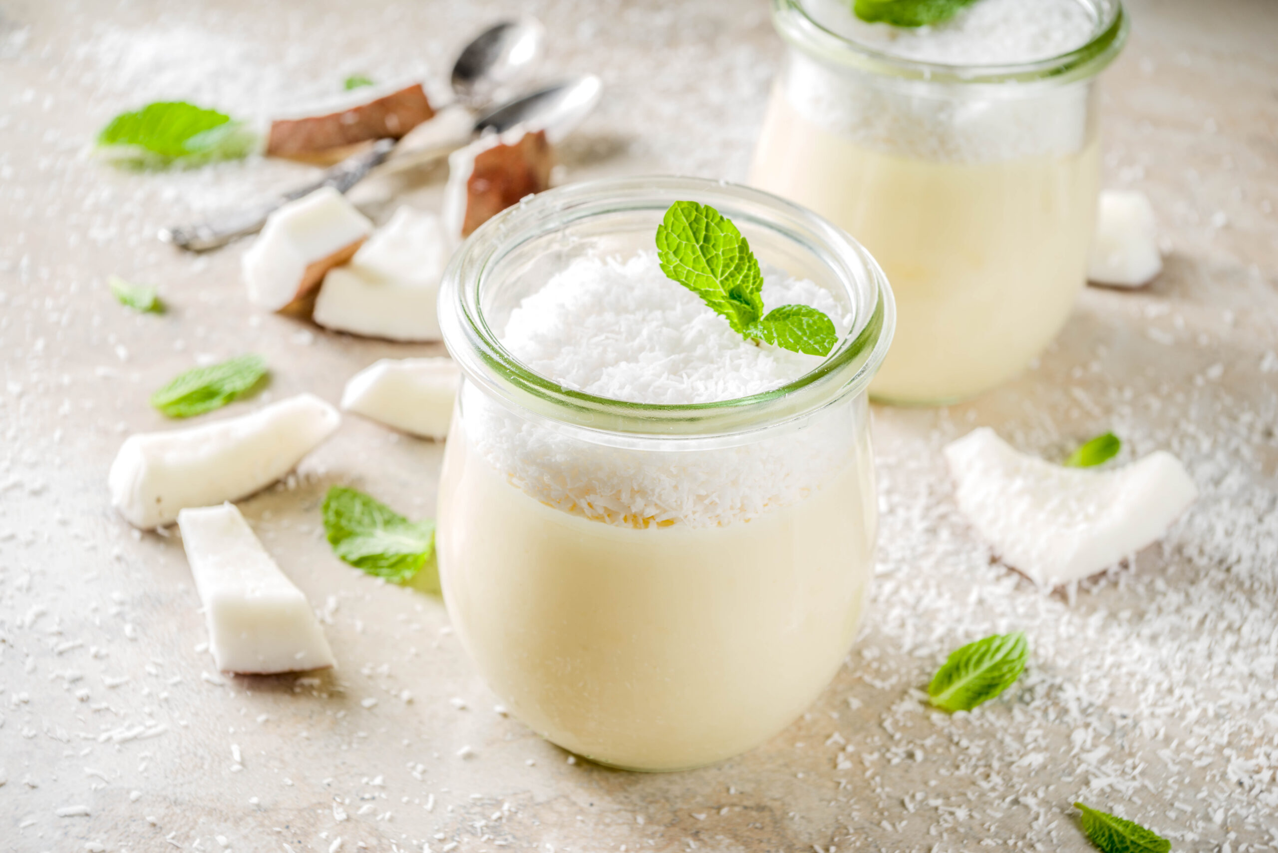 Vegan sweet food coconut panna cotta dessert in glass jar with coconut chips and mint leaves light concrete stone background copy space