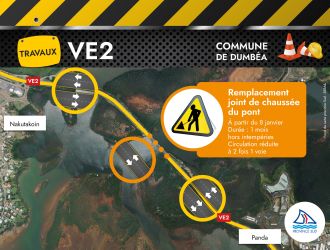 Commune de Dumbéa, Remplacement joint de chaussée du pont A partir du 8 janvier Durée : 1 mois hors intempéries Circulation réduite à 2 fois 1 voie