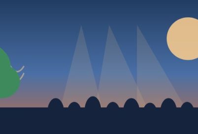 Stylized dusk landscape: tree by dark water, layered hills, and a large sun with a calendar icon in the upper-right corner.