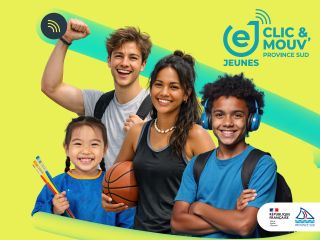 Smiling diverse group of young people in sports gear on a bright yellow background with logos in the corner.
