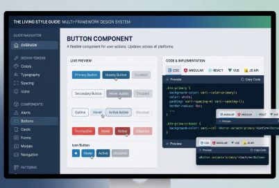 UI design system dashboard showing button component examples and code snippets on a monitor.