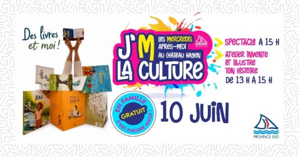 Colorful J'M LA CULTURE event poster with stacked books on the left, bright central logo, and June 10 date; mentions workshops and free family activities.