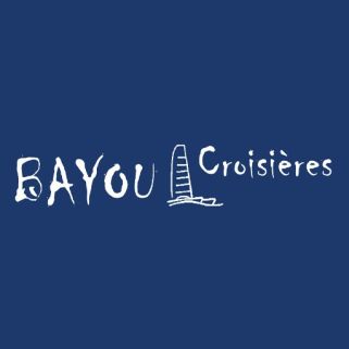 logo : Bayou Croisières logo: white hand-drawn text with a small boat sketch on a dark blue background