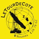 Logo for Letourdécôte event: yellow background with a black globe lines motif, a coastline silhouette and a boat at the bottom, and the words 'Letourdécôte' above with 'Nouméa' and coordinates along the edge.