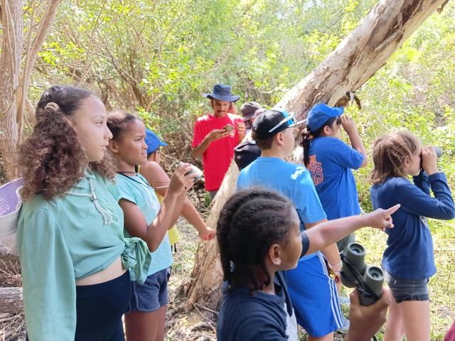 Group of people outdoors in a forest, some wearing blue shirts, gathered around a tree as a man in a red shirt looks at his phone.