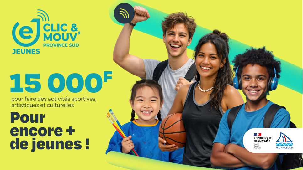 Groupe de jeunes souriants avec équipements sportifs sur fond jaune, promotion de 15 000F pour activités sportives et culturelles.