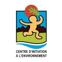 Logo for Centre d'Initiation à l'Environnement featuring an orange human figure with raised arms, mountains, blue sky, green field, a red sun with a green leaf, and a blue wave, with the organization name below.