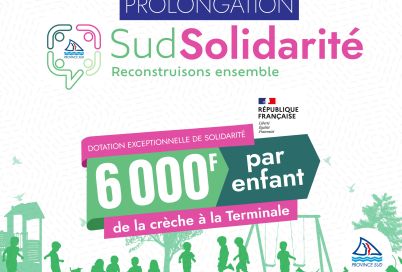 Banner for Prolongation Sud Solidarité with colorful 'Sud Solidarité' text and logos, promoting support for children and families.