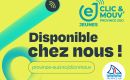 Bright yellow banner advertising Province Sud Jeunes; large 'Disponible' text, teal logo and teal ribbon graphic, with a URL province-sud.nc/clicmouv