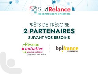 Banner with SudRelance branding and the French caption about treasury loans, plus partner logos Réseau Initiative Nouvelle-Calédonie and bpifrance.
