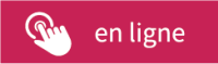 Button labeled 'en ligne' with a white cursor icon on a pink background (online)