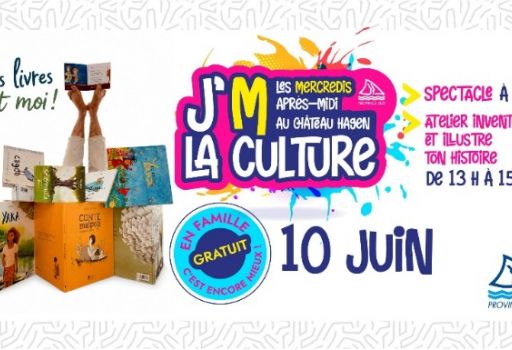 Colorful J'M LA CULTURE event poster with stacked books on the left, bright central logo, and June 10 date; mentions workshops and free family activities.