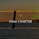 Casa Charter logo over a sunset marina background with a small star glyph centered above the text.