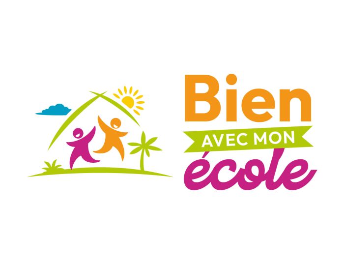 Logo for 'Bien avec mon école' showing two colorful children under a green arch with a sun and palm tree, conveying a joyful school environment.